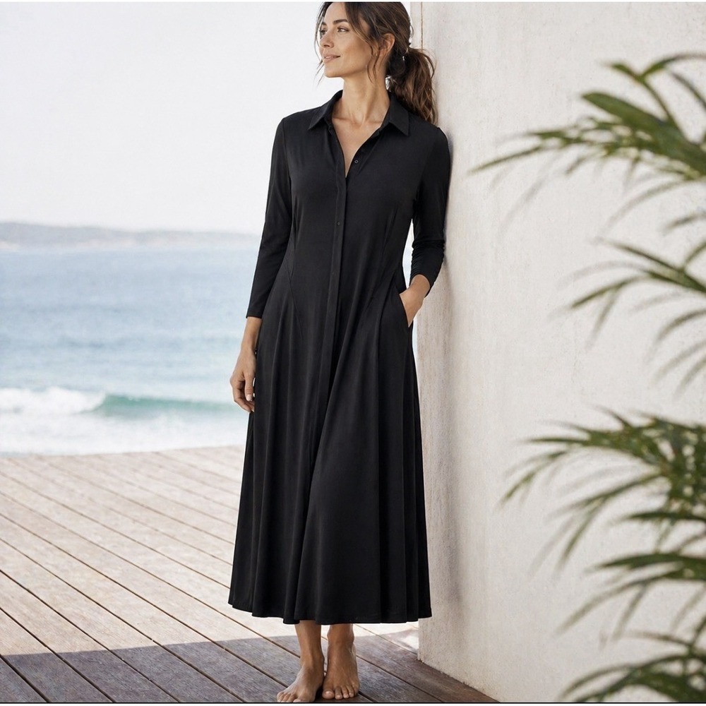 Athleta Cosmic Layer Dress Womens L Black Midi Button Front Stretch NWT